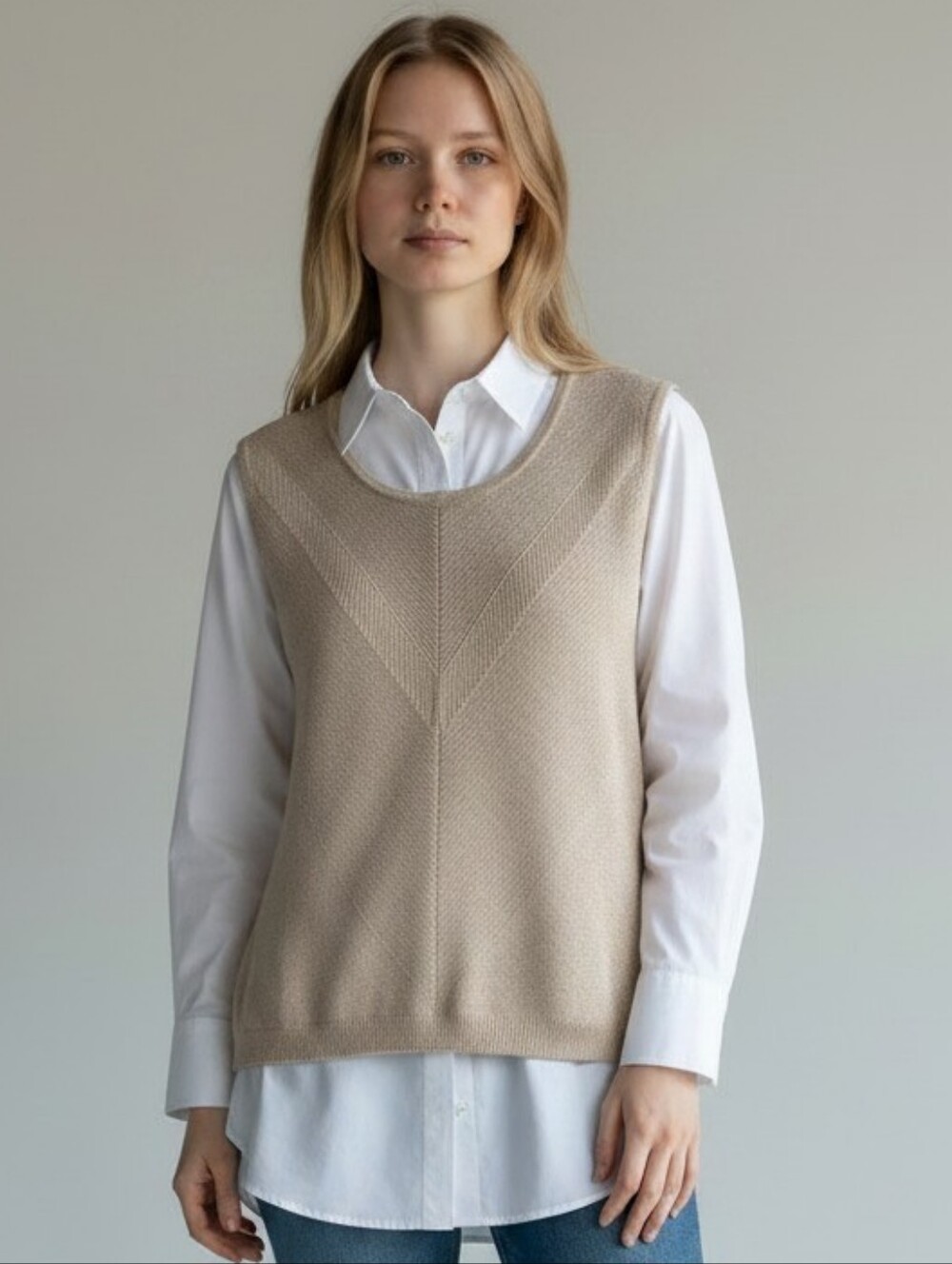 Nanette Lepore Knit Chevron-Detail Sleeveless Beige Tank With Lurex